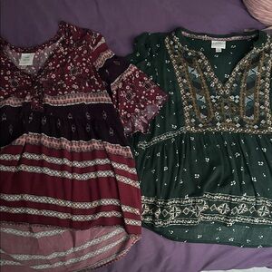 Knox Rose Burgundy and Green Blouses